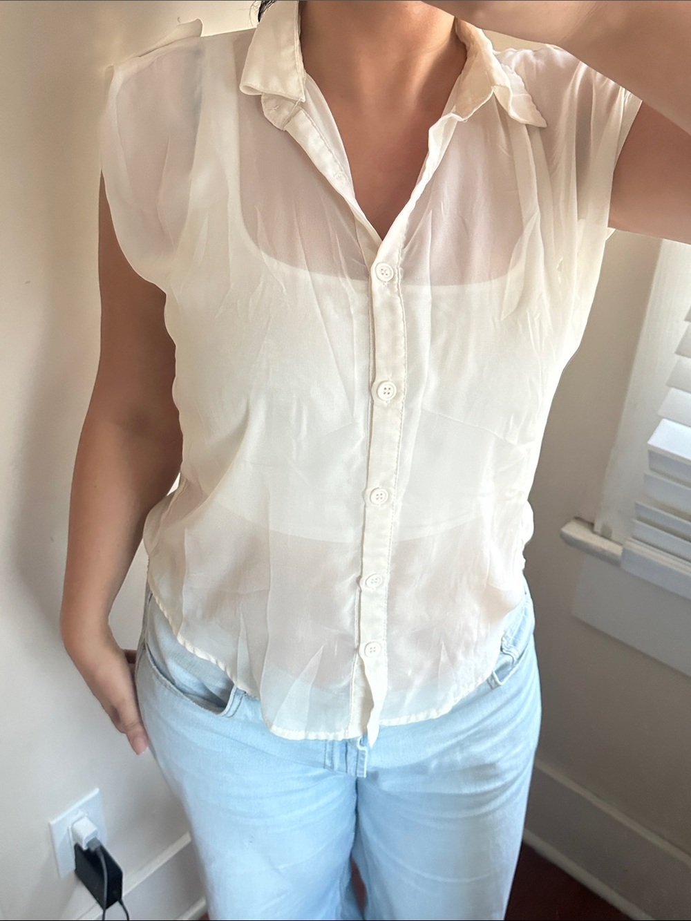 Sheer Ivory White Button-Front Collar Cap Sleeve Sleeveless Blouse Soft Drape